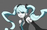  :d aqua_hair collared_shirt detached_sleeves floating_hair grey_background grey_shirt hair_ornament hatsune_miku kazuoki long_hair necktie number open_mouth pale_skin shirt smile solo spot_color tattoo twintails vocaloid 