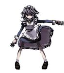  &gt;:( apron bangs between_fingers blue_dress blush bow bowtie dress frown full_body gatau grey_eyes grey_hair izayoi_sakuya knife legs_apart looking_at_viewer maid maid_headdress pigeon-toed shoes simple_background socks solo standing throwing_knife touhou v-shaped_eyebrows weapon white_background 