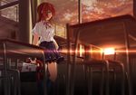  chain-link_fence classroom desk fence green_eyes kouji_(astral_reverie) lens_flare original red_hair school_desk school_uniform solo sunset 