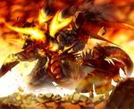  bad_pixiv_id brown_eyes brown_hair dragon dragon_wings fantasy fire glowing hood horns original pixiv pixiv_summoner shiratama_dango solo staff wings 