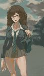  bag breasts brown_hair cloud cloudy_sky collarbone copyright_request feet_out_of_frame glasses green_neckwear large_breasts light_blush long_hair long_sleeves looking_at_viewer miniskirt necktie open_collar open_mouth pleated_skirt red-framed_eyewear school_bag school_uniform shoulder_bag skirt sky smile solo standing thighs tomioka_jirou tree 
