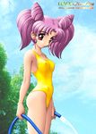  bishoujo_senshi_sailor_moon breasts brown_eyes chibi_usa cloud covered_nipples day hose one-piece_swimsuit onoe pink_hair sky small_breasts solo swimsuit tree water 