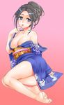  bare_shoulders barefoot black_hair blue_eyes breasts cleavage feet finger_to_mouth fujisaka_kuuki japanese_clothes kimono large_breasts open_clothes original solo 
