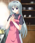  apron blue_eyes clannad cowboy_shot hairband head_tilt indoors kitchen looking_at_viewer odayan own_hands_together plate sakagami_tomoyo shelf short_sleeves silver_hair solo standing tray 