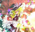  :d apron blonde_hair blush bow braid frills hat kirisame_marisa long_hair one_eye_closed open_mouth queen_qko single_braid smile solo star touhou witch_hat 