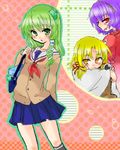  alternate_costume asymmetrical_hair bag black_legwear blonde_hair blue_skirt blush contemporary contrapposto dress frog_hair_ornament green_eyes green_hair hair_ornament handbag kerchief kneehighs kochiya_sanae long_sleeves looking_at_viewer lowres miniskirt moriya_suwako multiple_girls pleated_skirt profile purple_hair red_dress red_eyes school_uniform serafuku skirt standing touhou yasaka_kanako 