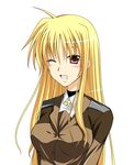  ;d ahoge blonde_hair blush breasts brown_eyes brown_jacket buttons fate_testarossa jacket kirisaki_byakko large_breasts long_hair long_sleeves looking_at_viewer lyrical_nanoha mahou_shoujo_lyrical_nanoha_strikers military military_uniform one_eye_closed open_mouth simple_background smile solo tsab_ground_military_uniform uniform white_background 