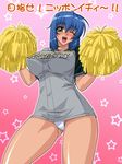  bikini_bottom blue_hair blush breasts clothes_writing covered_nipples emina&amp;aki emina_(emina&amp;aki) green_eyes happy hokkaido_nippon-ham_fighters kagami_hirotaka large_breasts nippon_professional_baseball one_eye_closed open_mouth original panties pantyshot pom_poms solo sweat translation_request underwear 