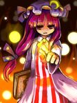  :o book cape crescent dress expressionless frills glowing grimoire hat holding holding_book looking_at_viewer luft magic mob_cap open_mouth orb patchouli_knowledge pink_dress pointing pointing_at_viewer solo striped touhou upper_body vertical_stripes 