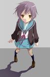  black_legwear blue_sailor_collar blue_skirt cardigan hijiki_(hijikini) kita_high_school_uniform kneehighs loafers looking_at_viewer nagato_yuki purple_eyes purple_hair sailor_collar school_uniform serafuku shoes short_hair skirt solo suzumiya_haruhi_no_yuuutsu 