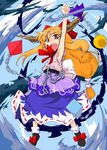  :d ball blue_dress bow bowtie chain cube dress golden_pe_done hair_bow horns ibuki_suika layered_dress looking_at_viewer oekaki oni open_mouth red_bow red_neckwear shoes smile solo touhou triangle 