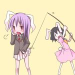  animal_ears ayane_(pixiv) bad_id bad_pixiv_id black_hair bunny_ears fishing fishing_rod holding holding_fishing_rod inaba_tewi long_hair multiple_girls pleated_skirt purple_hair red_eyes reisen_udongein_inaba short_hair skirt skirt_lift touhou 