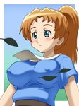  awa belt blue_eyes blush breasts cloud copyright_request covered_nipples day embarrassed frown gradient grass impossible_clothes large_breasts leaf long_hair orange_hair ponytail sky solo 