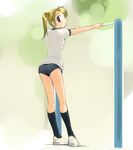  blonde_hair blue_eyes buruma copyright_request gym_uniform horizontal_bar ikeda_jun_(mizutamari) kneehighs socks solo 