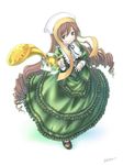  bangs brown_hair dress drill_hair frills full_body green_dress green_eyes hat heterochromia lolita_fashion long_hair long_sleeves red_eyes rozen_maiden sabamu shoes solo suiseiseki twin_drills twintails very_long_hair watering_can white_background 