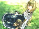  blonde_hair brown_eyes collar dappled_sunlight dog dress grass long_hair mary_janes original sabamu shoes sitting solo sunlight third-party_edit tree_shade 