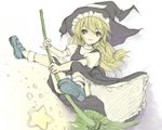  apron blonde_hair bow braid broom broom_riding flat_color frills full_body hat kirisame_marisa long_hair mary_janes muted_color satou_takeshi shoes simple_background single_braid solo star touhou witch_hat yellow_eyes 