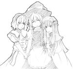  =_= alice_margatroid arm_hug capelet girl_sandwich graphite_(medium) greyscale hairband hat holding_hands kinsenka kirisame_marisa long_hair monochrome multiple_girls patchouli_knowledge sandwiched short_hair sweatdrop touhou traditional_media witch_hat 