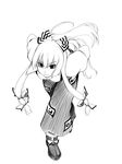  bangs bent_over bow eyebrows_visible_through_hair fujiwara_no_mokou full_body greyscale hair_bow long_hair long_sleeves looking_at_viewer monochrome oohira_sunset pants shirt simple_background smile solo standing suspenders touhou very_long_hair white_background 