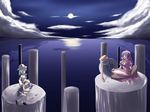  blonde_hair brooch dress gem hat jewelry kochiya_sanae lake lake_suwa long_sleeves moonlight moriya_suwako multiple_girls night onbashira outdoors pillar purple_dress purple_hair red_dress reflection short_hair sitting subaru_noji sweater touhou water yasaka_kanako 