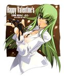  bangs blush breasts c.c. chocolate cleavage code_geass food green_hair happy_valentine holding_pizza large_breasts long_hair nagare_hyougo pizza solo valentine 