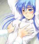  blue_hair breast_grab breasts follower_(yagisaka_seto) genderswap genderswap_(mtf) glasses grabbing heterochromia lowres medium_breasts oekaki original solo_focus yagisaka_seto 