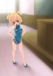  angry bangs bare_shoulders blonde_hair blush china_dress chinese_clothes dress higurashi_no_naku_koro_ni houjou_satoko red_eyes short_hair solo standing tachibana_koo 