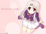  :o blush boots fate/stay_night fate_(series) from_above full_body illyasviel_von_einzbern jacket knee_boots long_sleeves looking_at_viewer looking_up parted_lips pleated_skirt purple_footwear purple_jacket sitting skirt solo suu_(artist) tareme wariza white_skirt 