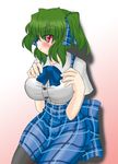  akasode_(tyaramu) alice_margatroid alice_margatroid_(cosplay) alice_margatroid_(pc-98) blush breasts cosplay green_hair hands_on_own_chest impossible_clothes impossible_shirt kazami_yuuka large_breasts pantyhose plaid plaid_skirt red_eyes shirt skirt solo touhou touhou_(pc-98) twintails 