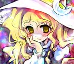  blonde_hair blush braid chin_rest close-up closed_mouth crescent face hat kirisame_marisa long_sleeves looking_at_viewer queen_qko single_braid smile solo touhou upper_body witch_hat 