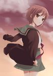  cardigan cloud hijiki_(hijikini) kita_high_school_uniform looking_back nagato_yuki purple_eyes purple_hair school_uniform serafuku short_hair skirt sky solo standing suzumiya_haruhi_no_yuuutsu 