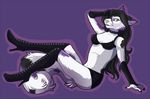  anthro boots clothed clothing female green_eyes green_nose hair keshikins long_hair navel pinup plain_background pose purple_background sitting skimpy solo 