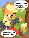  applejack_(mlp) cider clothing cowboy_hat cufflinks cup dialog dialogue english_text equine female feral foam friendship_is_magic fruit gold green_eyes hat horse mammal my_little_pony necklace pixelkitties pony scar scarface suit text 