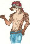  anthro blush clothing hot hyena invalid_tag jeans male mammal muscles pants pecks pecs smile solo zeeka zeeka_(character) 