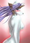  blush breasts female hair horn legend_of_mana looking_at_viewer looking_back noah_(artist) nude purple_hair side_boob sierra smile solo 