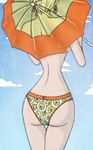  ass backboob bare_back bare_legs blonde_hair blue_sky breasts cloud cloudy_sky day earrings head_out_of_frame jewelry miss_valentine one_piece orange_umbrella panties short_hair sideboob sky solo topless transparent transparent_umbrella umbrella underwear 