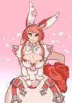  1girl ahoge blue_eyes breasts cleavage cleavage_cutout clover elphelt_valentine flower four-leaf_clover gloves gradient gradient_background guilty_gear guilty_gear_xrd hands_together highres juliet_sleeves large_breasts long_sleeves looking_at_viewer petals pink_background pink_hair puffy_sleeves red_flower red_rose rose solo splashbrush white_background 