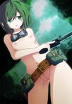  1girl ascii_media_works belt fakon forest goggles green_eyes green_hair gun kino kino_no_tabi nature nude pouch pussy revolver short_hair small_breasts solo uncensored weapon 