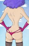  ass backboob bare_back bare_shoulders blue_sky breasts butt_crack cloud cloudy_sky day emporio_ivankov fishnet_legwear fishnets genderswap genderswap_(mtf) gloves hands_on_hips head_out_of_frame one_piece purple_hair red_gloves sideboob skinny sky solo thong topless 