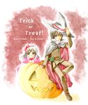  androgynous copyright_name halloween jack-o'-lantern kino kino_no_tabi multiple_girls pink_background pumpkin reverse_trap sakura_mio_(vent) trick_or_treat 