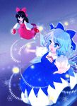  :d artist_request black_hair blue_bow blue_dress blue_eyes blue_hair bow cirno danmaku detached_sleeves dress hair_bow hakurei_reimu ice ice_wings multiple_girls no_shoes open_mouth red_bow red_dress short_hair smile snowflakes socks source_request teeth touhou v-shaped_eyebrows white_legwear wings yin_yang 