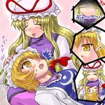  bangs blonde_hair lap_pillow lowres multiple_girls sasuke_(sasuke_no_sato) touhou yakumo_ran yakumo_yukari 