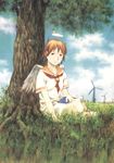  abe_yoshitoshi angel bug butterfly cloud day grass haibane_renmei halo highres insect nature orange_sailor_collar rakka sailor_collar sky solo static_cling tree wings 