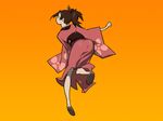  artist_request ass brown_footwear from_behind full_body fuu highres japanese_clothes kimono long_sleeves orange_background ponytail running samurai_champloo shoes short_hair simple_background solo wallpaper wide_sleeves 