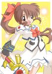  :d alternate_hairstyle border bow bowtie dress fingerless_gloves gem gloves hair_bow kei_(fortune) long_sleeves lyrical_nanoha magazine_(weapon) magical_girl mahou_shoujo_lyrical_nanoha mahou_shoujo_lyrical_nanoha_a's open_mouth ponytail raising_heart red_bow red_neckwear rod simple_background smile solo sphere staff takamachi_nanoha white_dress yellow_background 