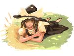  artist_request blonde_hair braid frills grass hat kirisame_marisa long_hair looking_at_viewer lying on_ground puffy_sleeves short_sleeves single_braid solo touhou witch_hat 