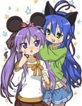  animal_ears blue_eyes blue_hair blush cat_ears green_eyes hiiragi_kagami izumi_konata kink long_hair lucky_star multiple_girls purple_hair 