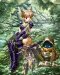  2girls armor bandages book brown_hair copyright_request eighth_note fairy fantasy head_wings hood minigirl mortar multiple_girls musical_note nature pestle purple_eyes sheath sheathed sitting size_difference sleeping stream sword tree_shade tree_stump uchiu_kazuma valkyrie water weapon zzz 