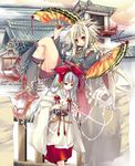  blonde_hair brown_eyes dual_wielding fan folding_fan holding japanese_clothes kimono long_hair multiple_girls orange_eyes original silver_hair ta_kaana tabi very_long_hair 