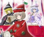  bachi blonde_hair drum flute flx hat instrument lunasa_prismriver lyrica_prismriver merlin_prismriver multiple_girls plectrum shamisen siblings sisters touhou 